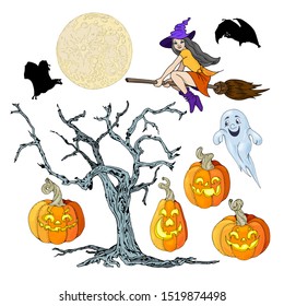 Set with different angry pumpkins, moon, snag, Ghost, witch on a broom, with bats. Isolated on white background.