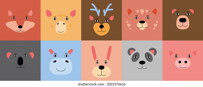 Set of different animal heads. Vector illustration in a flat style