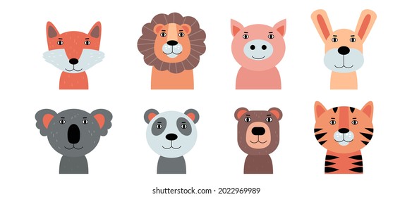 Set of different animal heads. Vector illustration in a flat style