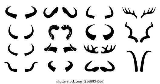 Set of different animal horn silhouettes on white background