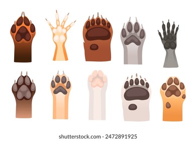Conjunto de diferentes animales paw zorro oso conejo lobo y otros Ilustración vectorial de estilo de dibujos animados simple aislado sobre fondo blanco