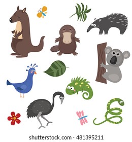Set of different animals of Australia on white background.