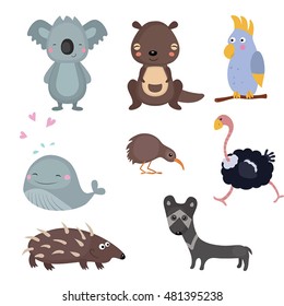 Set of different animals of Australia on white background.