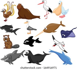 Set of different animals and birds