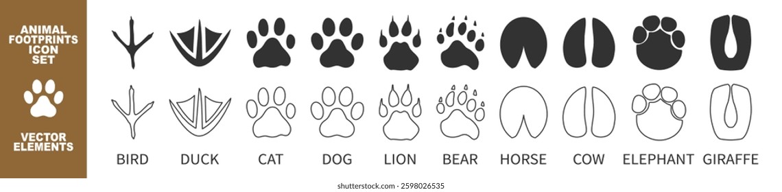 Set of different animals and birds footprints and traces isolated on transparent. Cat, lion, tiger, bear, dog, cow, pig, chicken, elephant, horse etc
