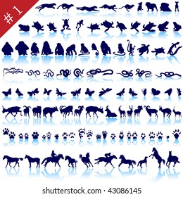 Set of  different animals, birds, insects and fishes  vector silhouettes