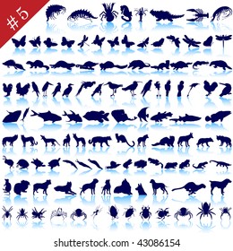 Set of  different animals, birds, insects and fishes  vector silhouettes