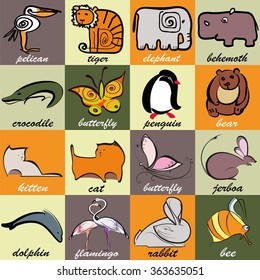 Set of different animals and birds on bright colorful background with squares. Stylized pelican, tiger, elephant, behemoth, crocodile, butterfly, penguin, bear, cat, dolphin, flamingo, rabbit, bee