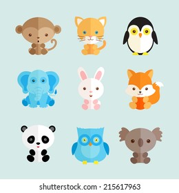 Set of different animals icons. Vector illustration, flat style