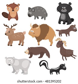 Set of different animals of North America on white background.
