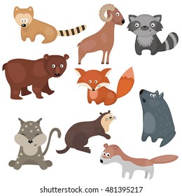 Set of different animals of North America on white background.