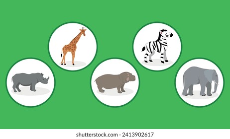Set of different animals on a green background. Flat design. Vector illustration