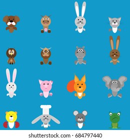 A set of different animals. Owl, frog, squirrel, elephant, bull, cow, hippo, dog, rabbit, bear, mouse, cat, pig in one set. Vector illustration.