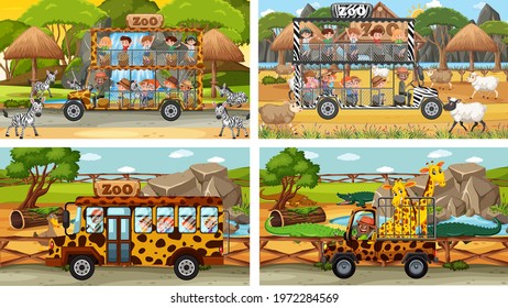 Set of different animals in safari scenes with kids illustration