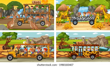 Set of different animals in safari scenes with kids illustration