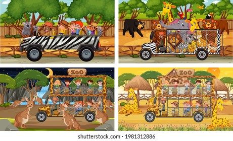 Set of different animals in safari scenes with kids illustration