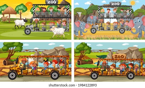 Set of different animals in safari scenes with kids illustration
