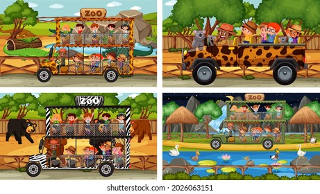 Conjunto de diferentes animales en escenas de safari con ilustración infantil