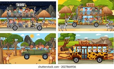 Set of different animals in safari scenes with kids illustration