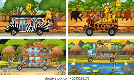 Set of different animals in safari scenes with kids illustration