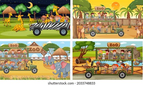Set of different animals in safari scenes with kids illustration