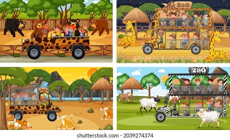Set of different animals in safari scenes with kids illustration