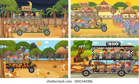 Set of different animals in safari scenes with kids illustration
