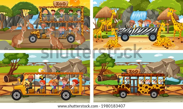 Set of different animals in safari scenes\
with kids illustration