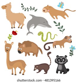 Set of different animals of South America on white background.