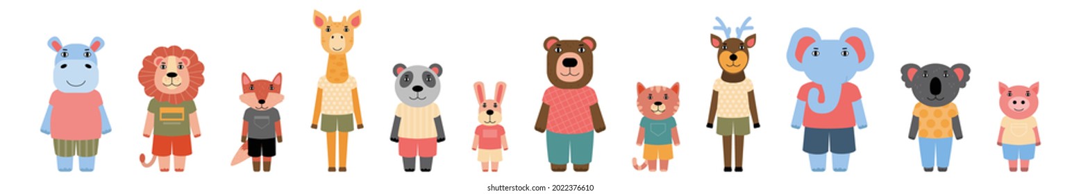 Set of different animals standing together. Vector illustration in a flat style