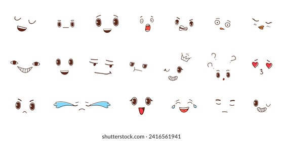 Set of different anime emotion with effects. Stock vector illustration in old school cartoon style.