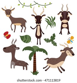 Set of different antelope on white background.