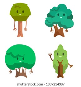 Set of different anthropomorphic trees. Funny characters in cartoon style.