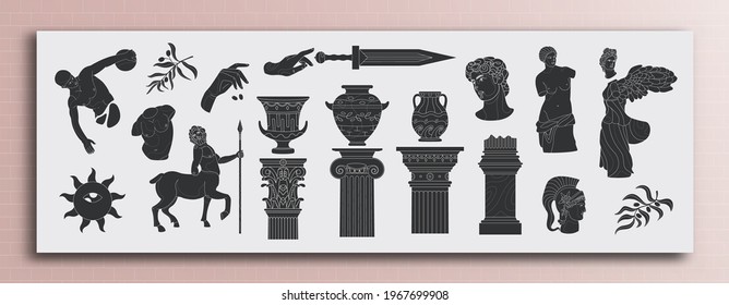 Set of different antique elements in a modern way. Mythic, antique and renaissance style. Hand drawn vector objects. All elements are isolated