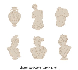 Set of different antique Greek marble statue. Classical art statues of Ancient gods, flat vector illustration in trendy modern style isolated on white background.