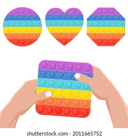 Set of different anti-stress toys - pop it and hands holding pop it of square shape. Hand toy in rainbow color with rubber push bubbles. Vector illustration.