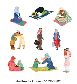 Set of different arabic muslim people in daily activities