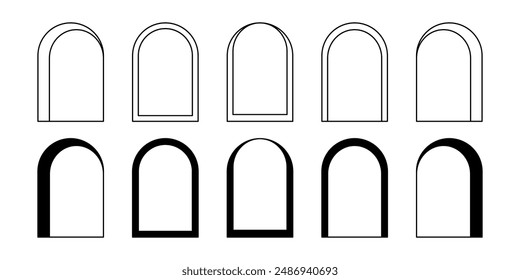 Set of different arch frames. Geometric arc shapes in trendy bohemian style. Window, door, portal or gate silhouettes in archway form isolated on white background. Vector graphic illustration.