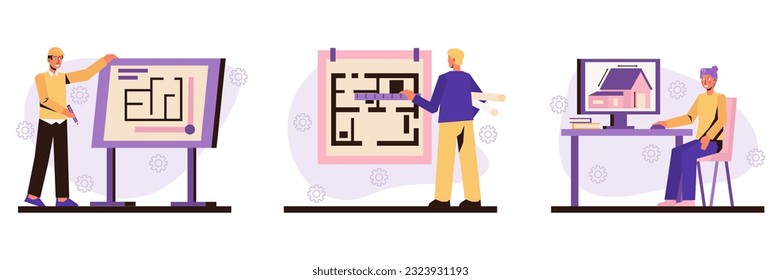 Set of different architects working on project. Architects draw plan, take measurements. Lady working on computer. House design and layout concept. Flat vector illustration in purple colors