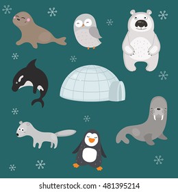 Set of different arctic animals on blue background.