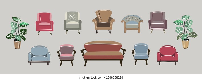 A set of different armchairs and sofas. Bright pieces of furniture and pastel colors. Two flowers in pots. Interior Design. Sofa and armchair, furniture. Vector isolated objects.