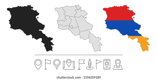 Set of different Armenia maps with national flag. Navigation line icons. Vector illustration.