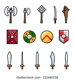 Set of different arms and shields isolated on white.