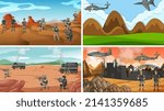 Set of different army war scenes illustration