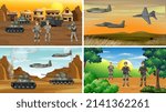 Set of different army war scenes illustration