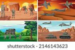 Set of different army war scenes illustration