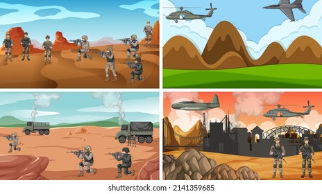Set of different army war scenes illustration