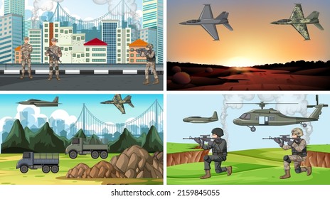 Reihe verschiedener Kriegsszenen der Armee