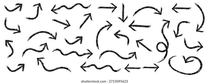Conjunto de diferentes formas de seta com textura grunge na mão preta desenhado efeito doodle para design em apresentações divertido e visual animado com efeito lápis de textura Crayon. Ilustração vetorial eps 10