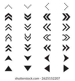 Conjunto de setas diferentes. Conjunto de ícones planos de setas grandes pretas. cursores simples abstratos modernos, ponteiros e botões de direção coleção de ilustrações vetoriais